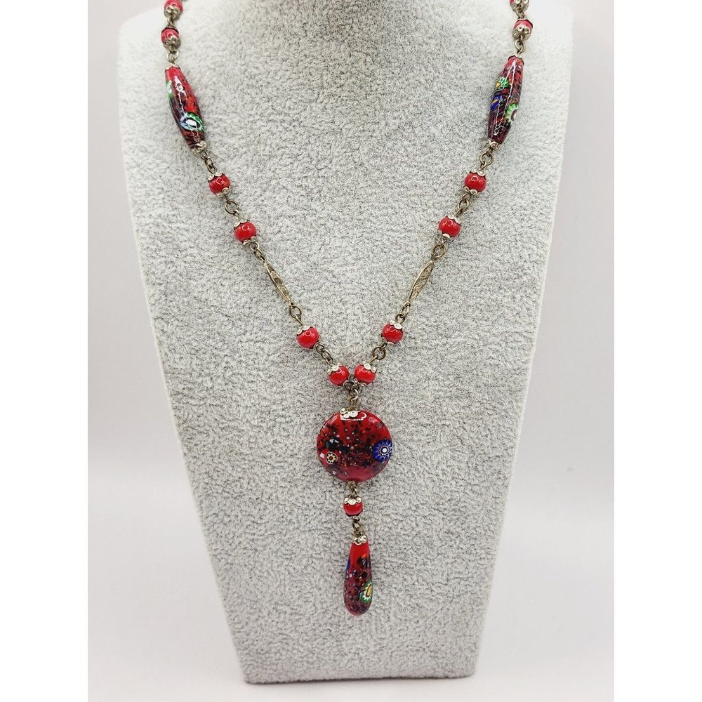 Antique Millefiori Art Deco Czech Sautoir Necklace (A468)